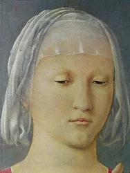 Jungfrun och barnet mellan två änglar, känd som Madonnan från Senigallia, detalj av Jungfruns huvud, cirka 1472